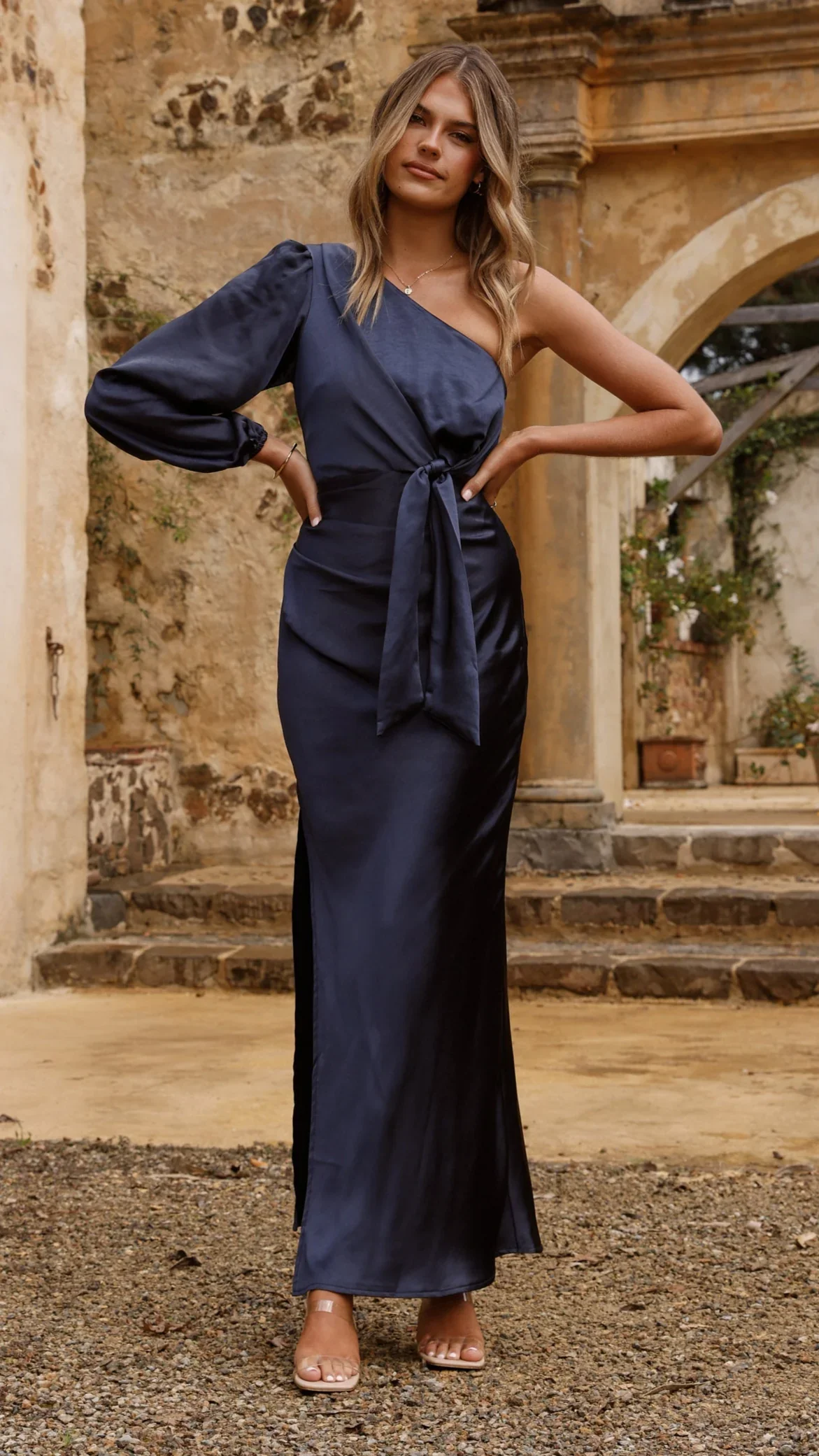 Eden One Shoulder Tie Front Maxi Dress - Navy