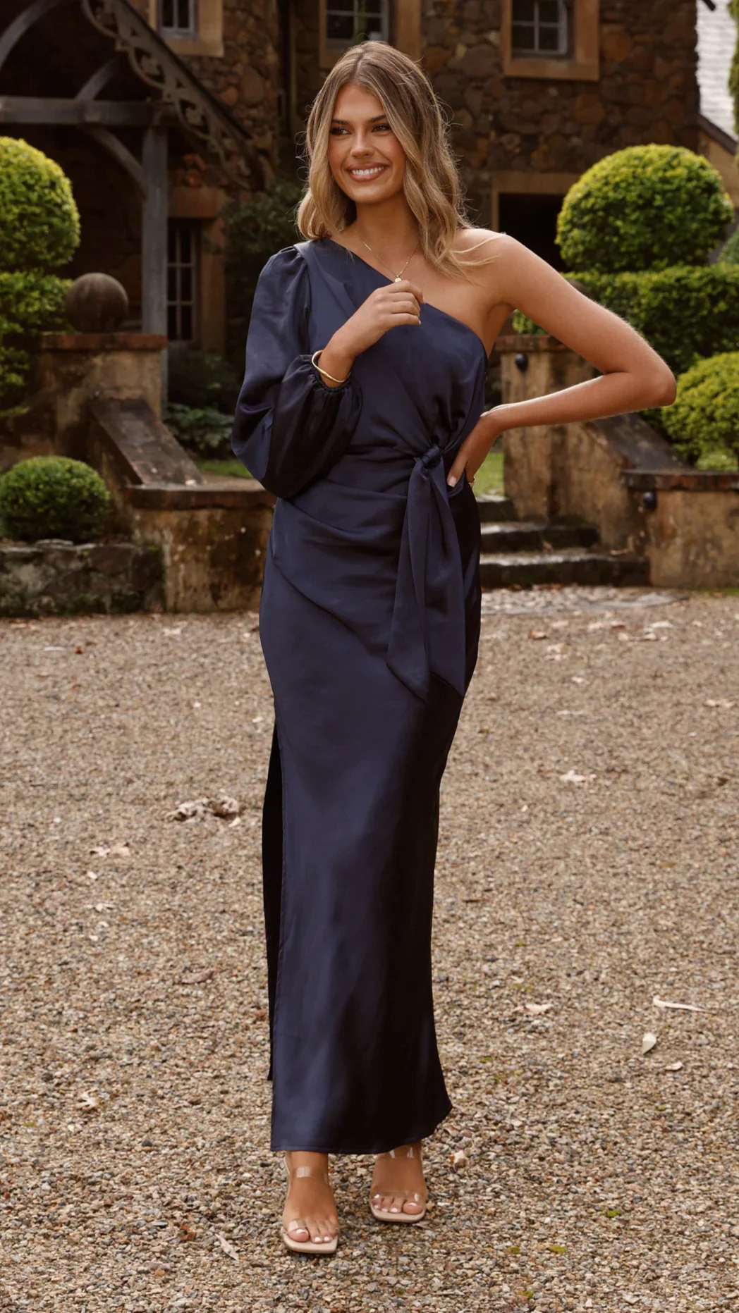 Eden One Shoulder Tie Front Maxi Dress - Navy