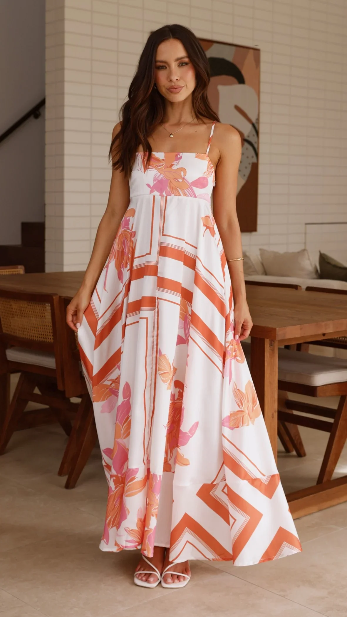 Kaethe Maxi Dress - Orange/White