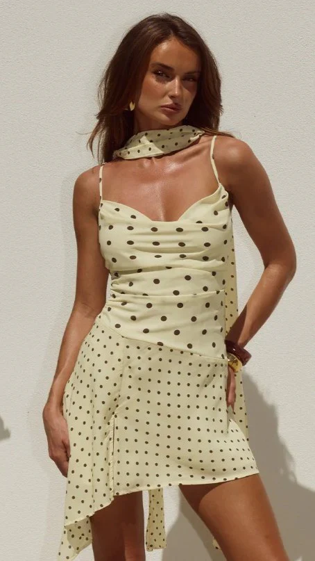 Alora Scoop Neck Mini Dress - Lemon / Choc Polka