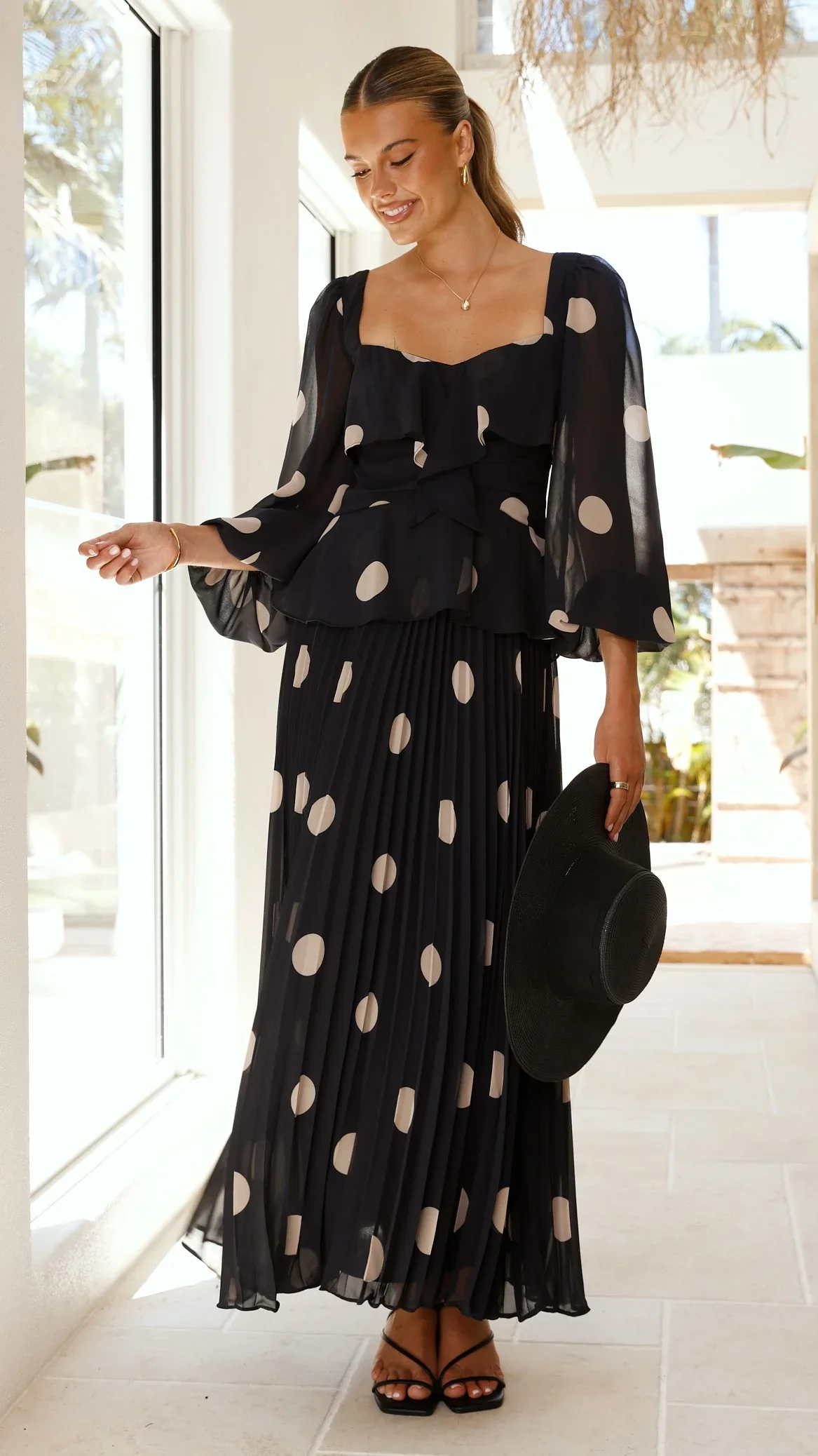 Calandra Long Sleeve Midi Dress - Black/Cream Polka
