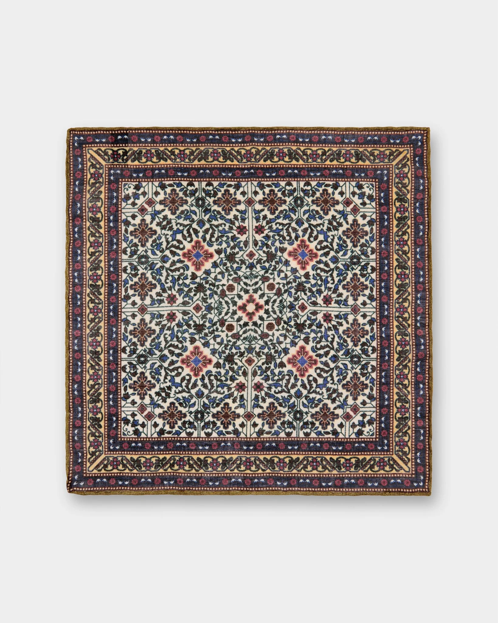 Wool/Silk Pocket Square in Bone/Blue/Butter Mosaic