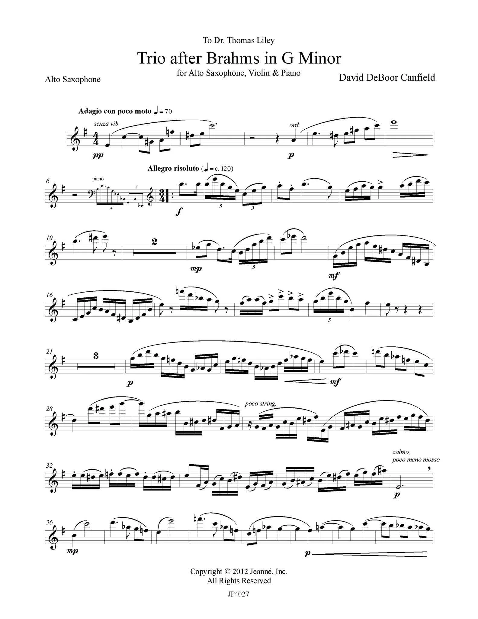 Canfield: Trio after Brahms for Alto Saxophone, Violin and Piano