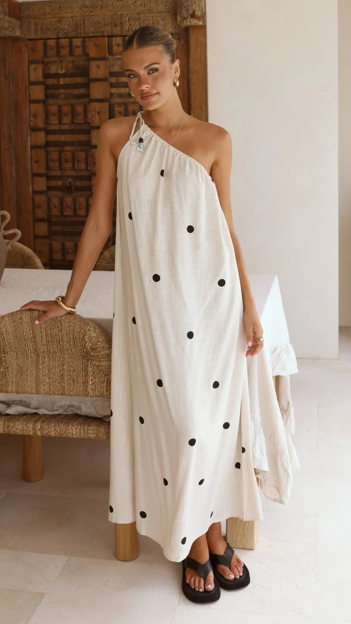 Nasira One Shoulder Maxi Dress - Oat/Black Polka Dot