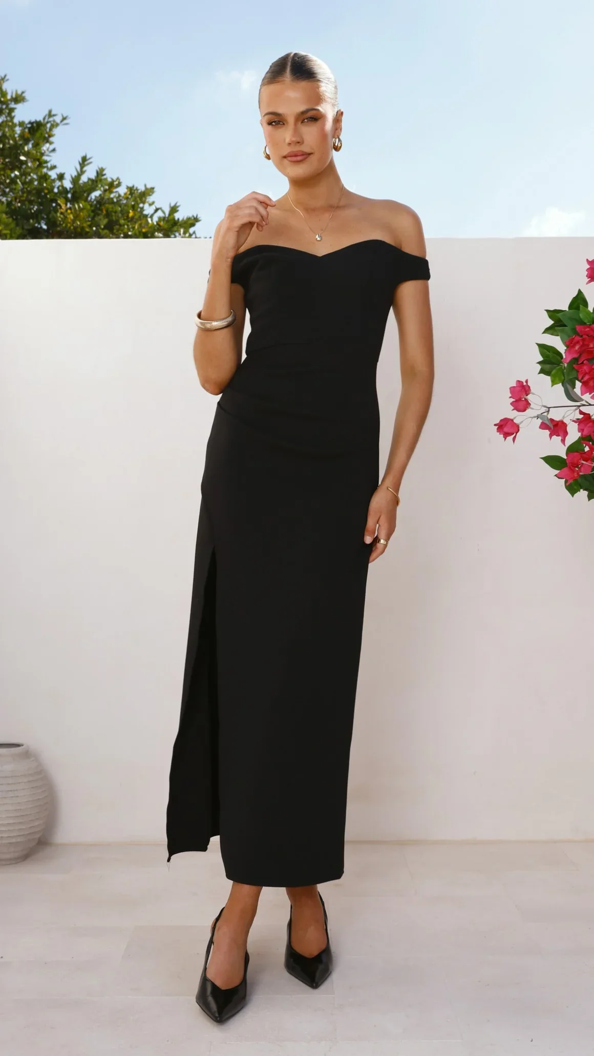 Zylah Off Shoulder Midi Dress - Black