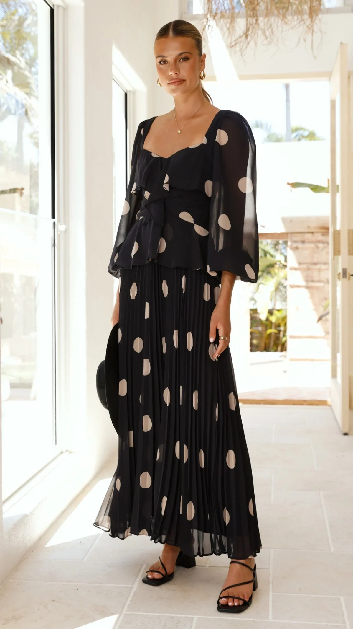 Calandra Long Sleeve Midi Dress - Black/Cream Polka