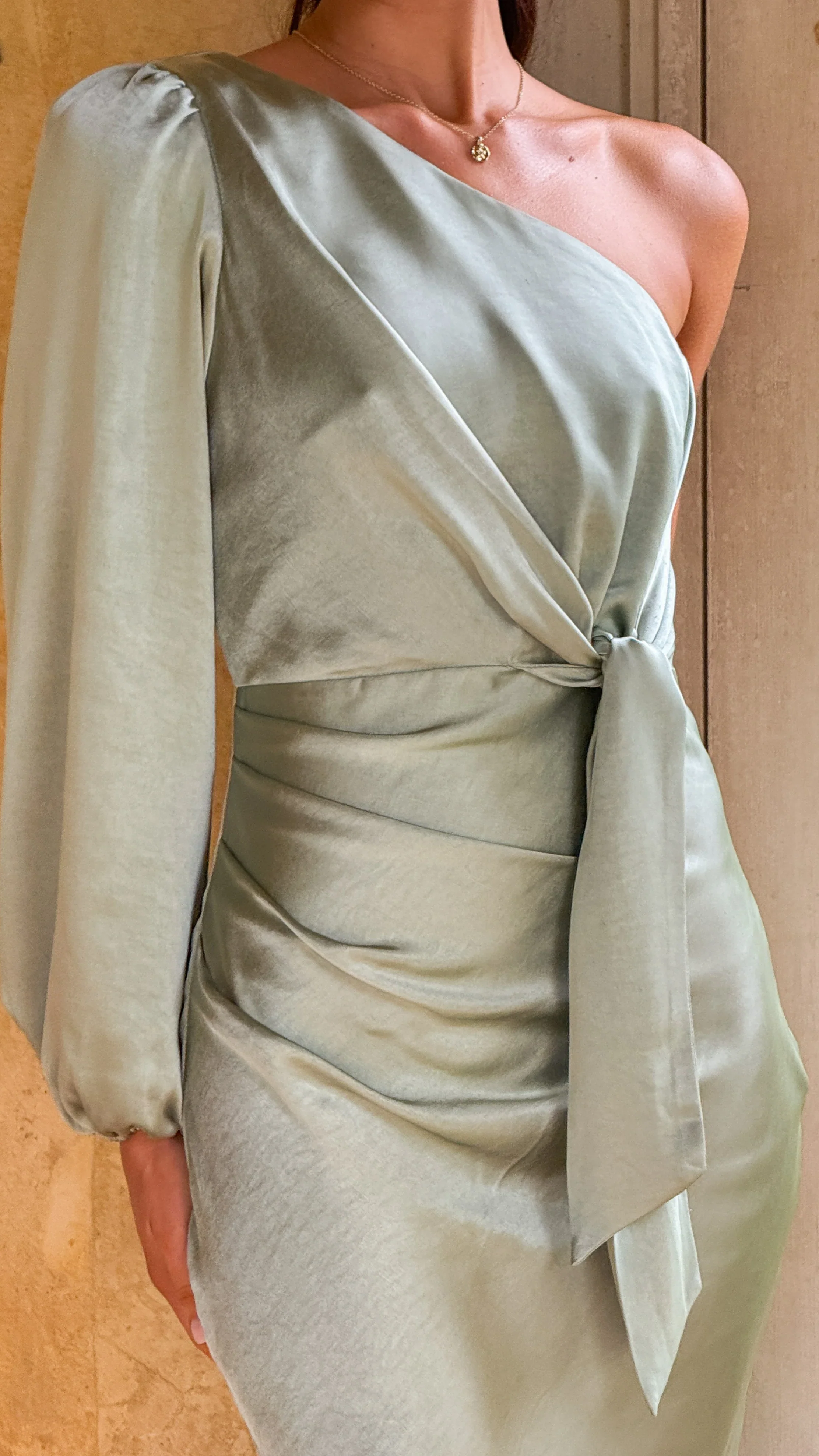 Eden One Shoulder Tie Front Maxi Dress - Sage