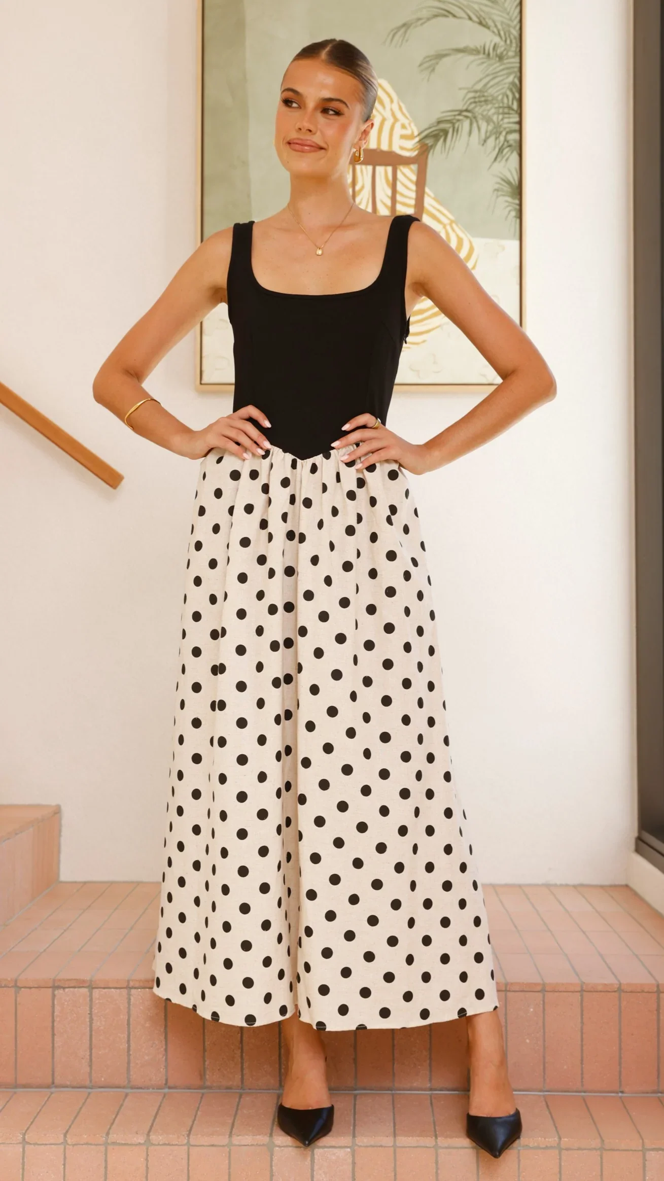 Leoni Maxi Dress - Oat/Black Polka