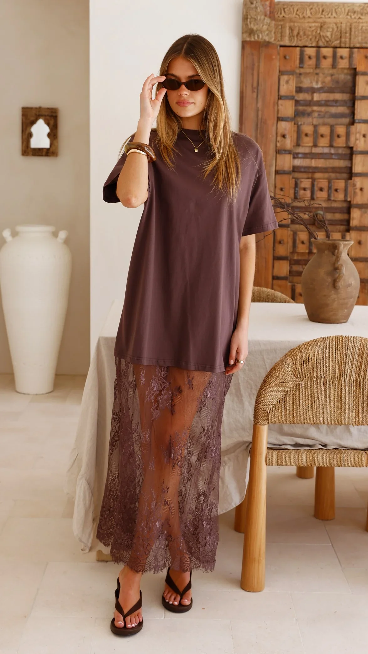 Raina T-Shirt Maxi Dress - Brown Lace