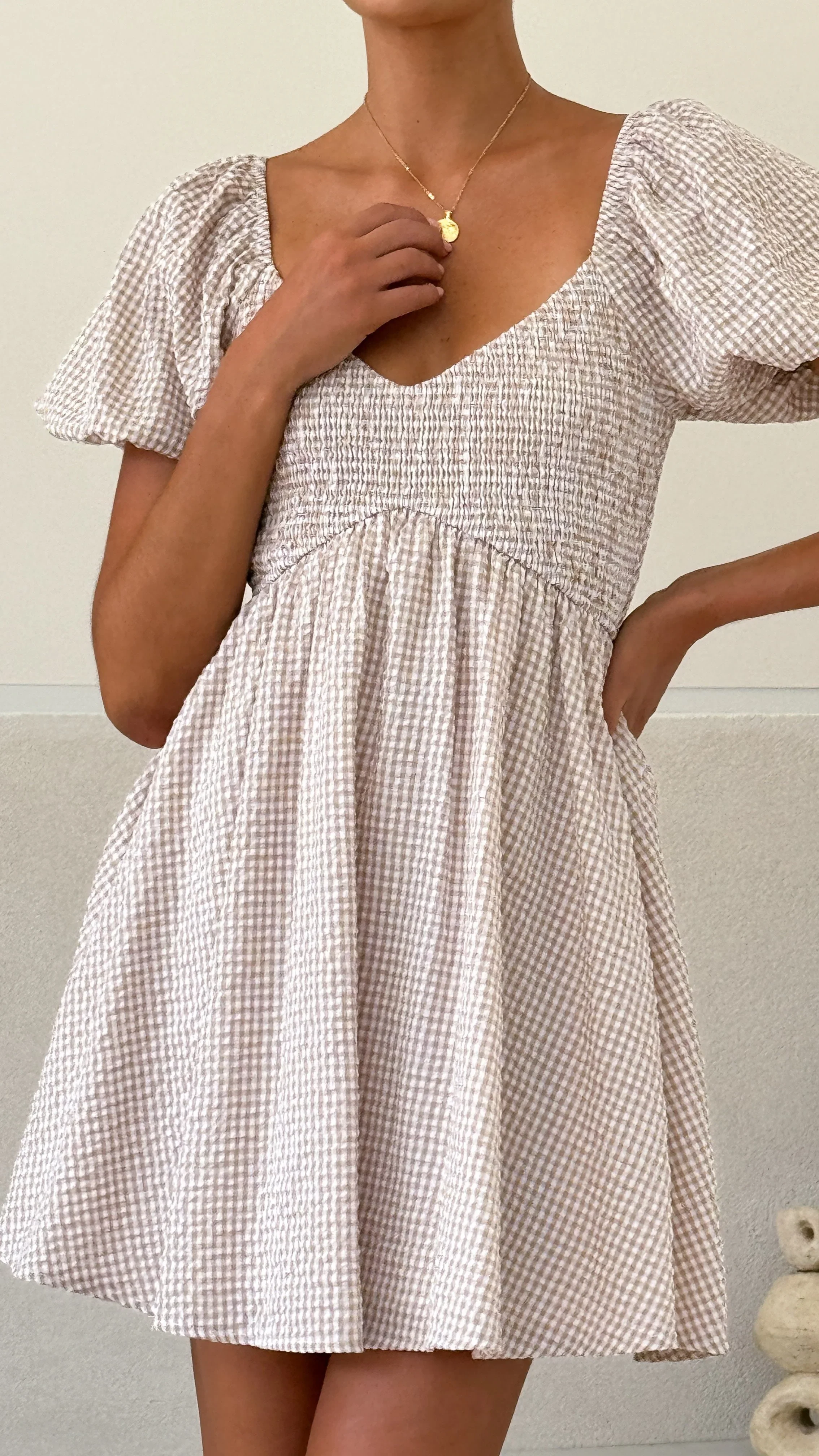 Sahirah Mini Dress - Beige / White Gingham
