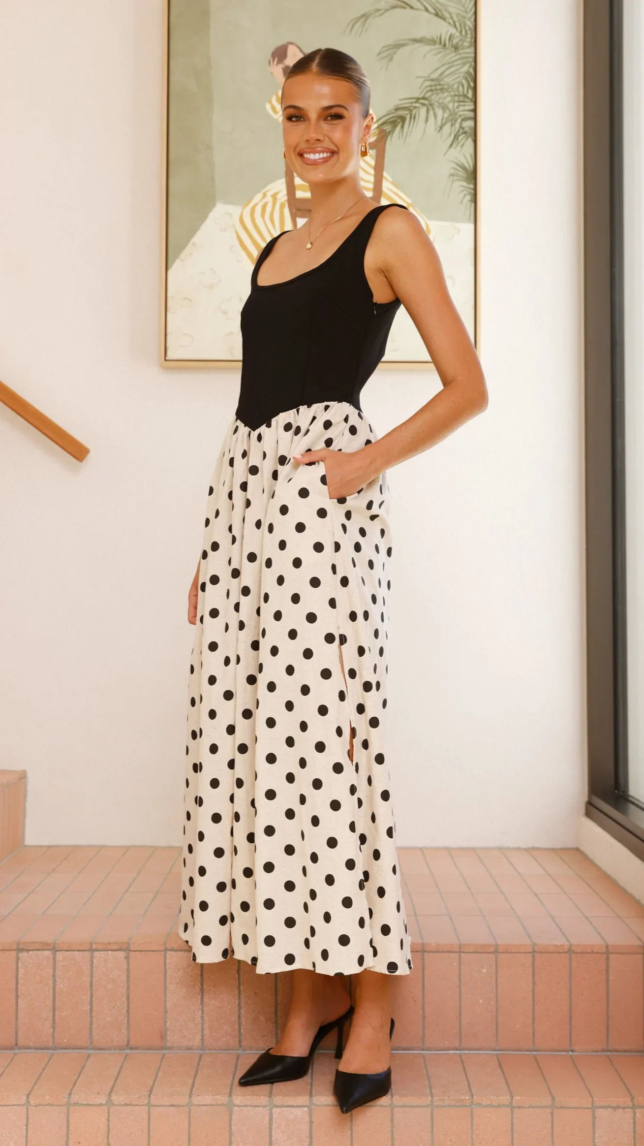 Leoni Maxi Dress - Oat/Black Polka