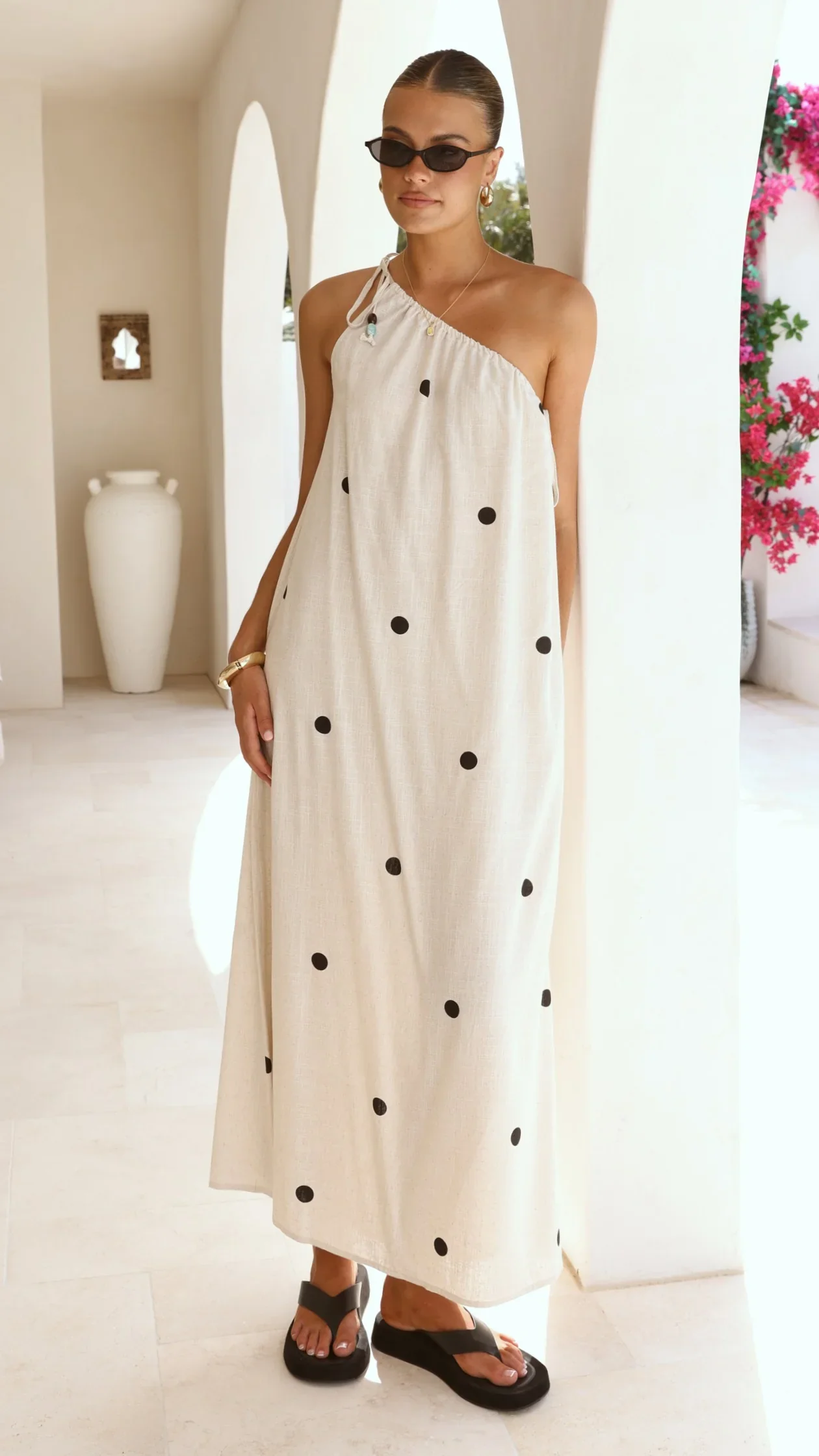 Nasira One Shoulder Maxi Dress - Oat/Black Polka Dot