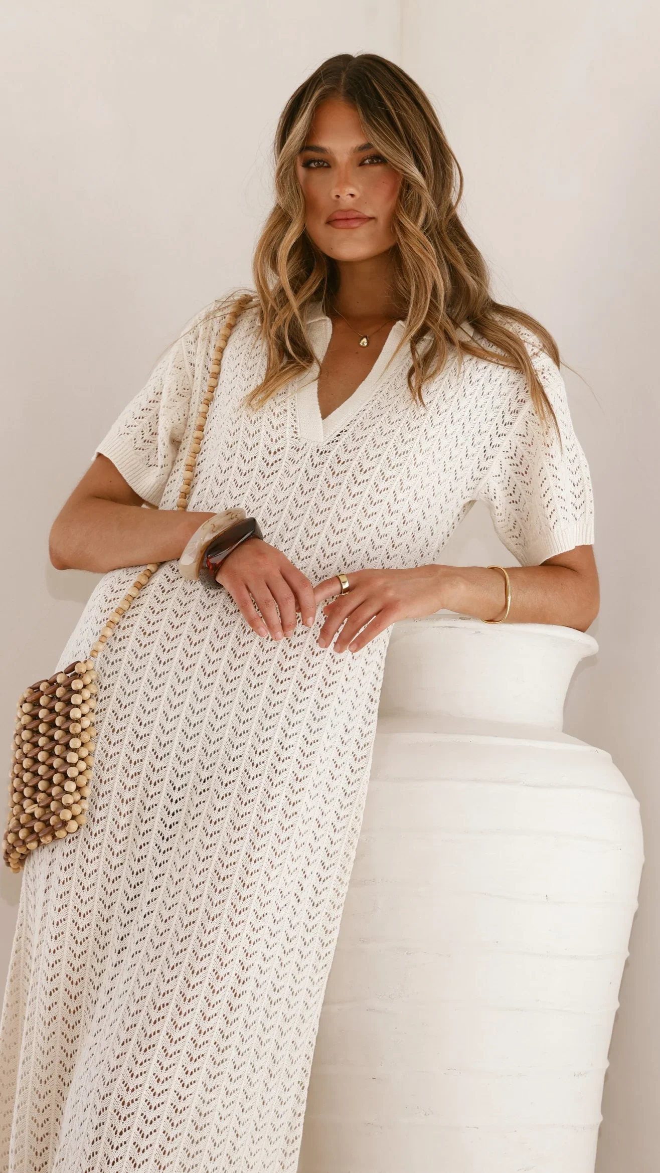 Tiffy Crochet Short Sleeve Maxi Dress - White