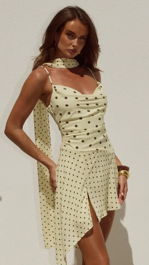 Alora Scoop Neck Mini Dress - Lemon / Choc Polka