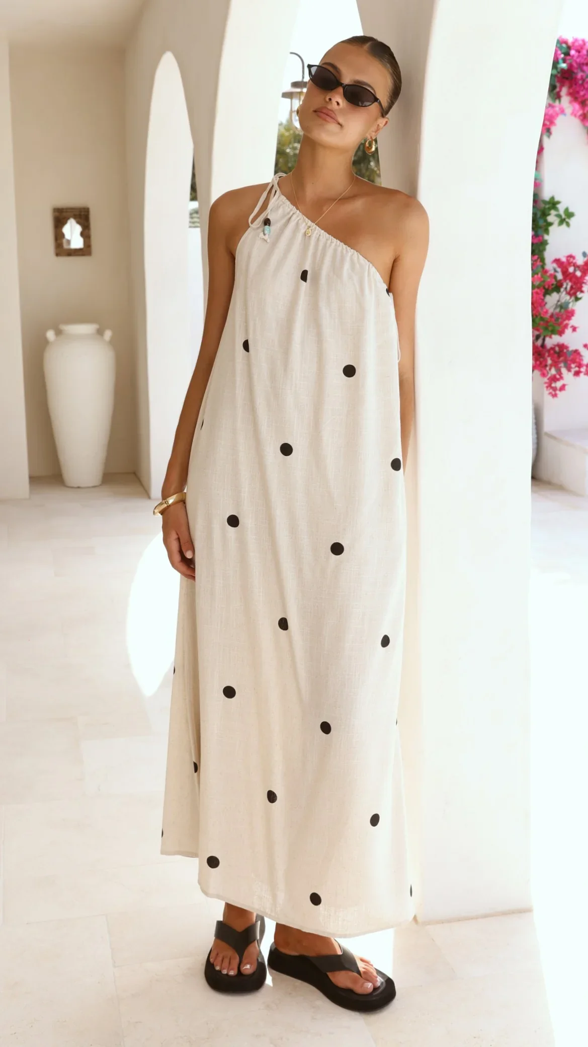 Nasira One Shoulder Maxi Dress - Oat/Black Polka Dot