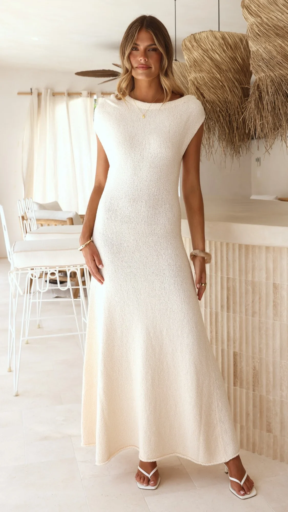 Tanaya Knit Off Shoulder Maxi Dress - Natural