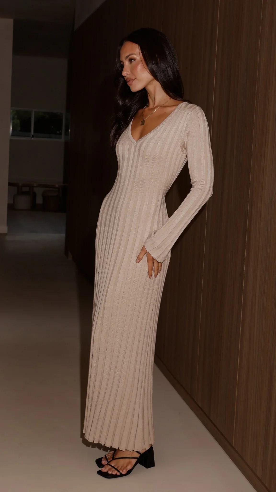 Cyra Long Sleeve Maxi Dress - Beige