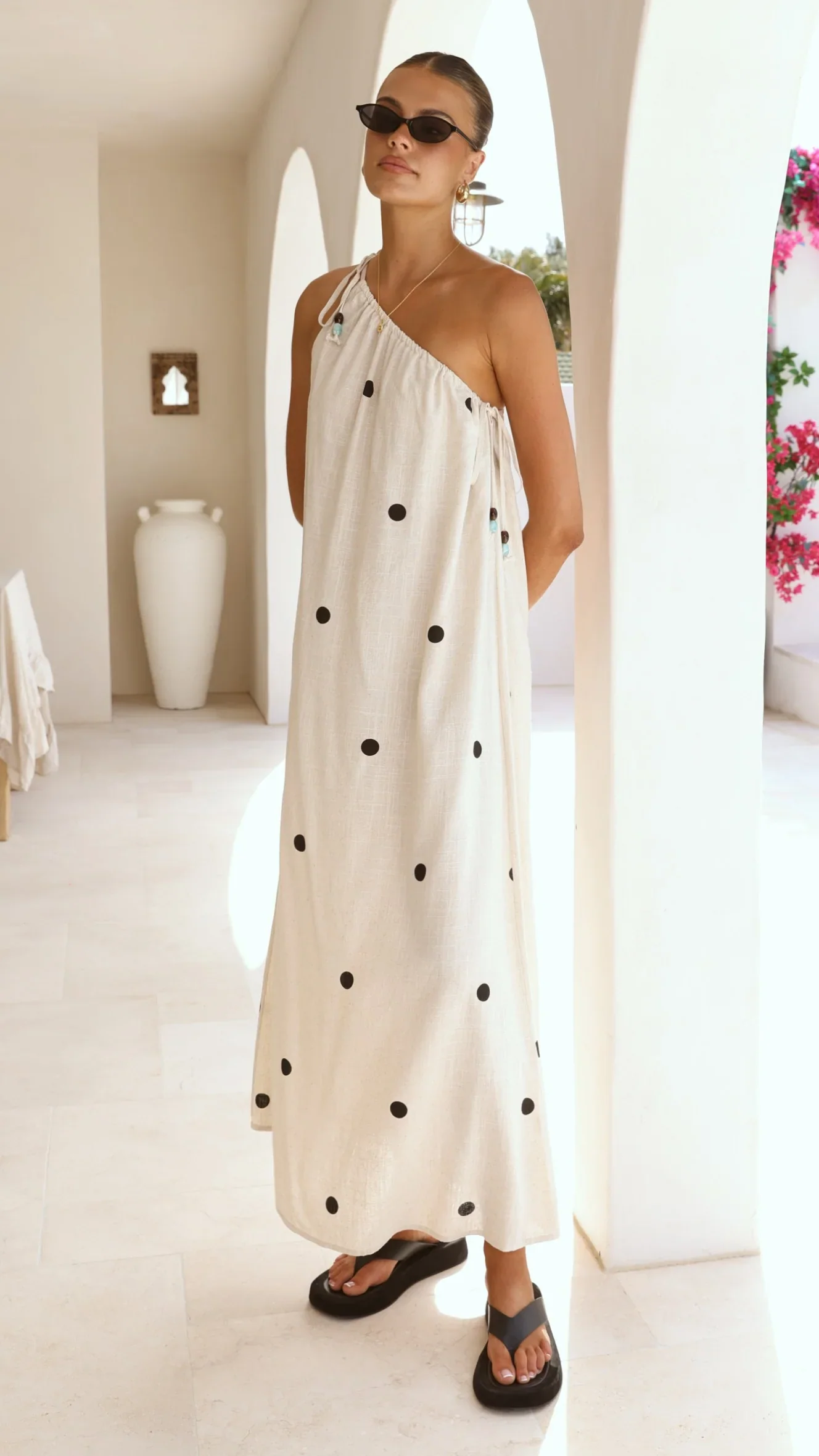Nasira One Shoulder Maxi Dress - Oat/Black Polka Dot