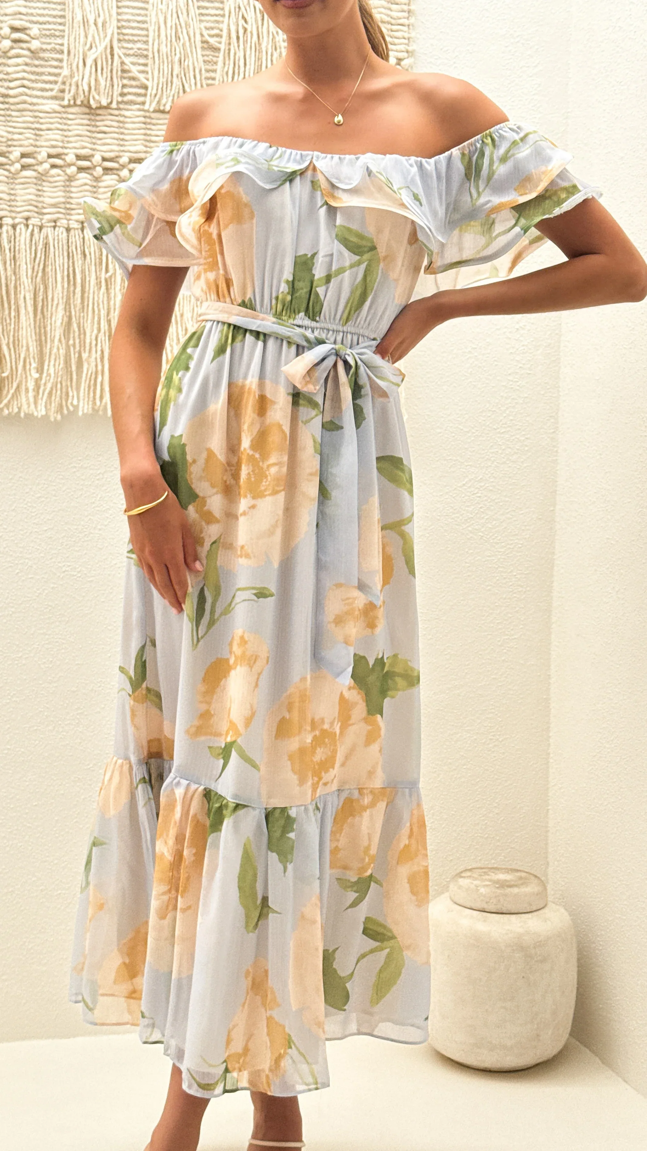 Chase Off Shoulder Maxi Dress - Blue/Peach Floral