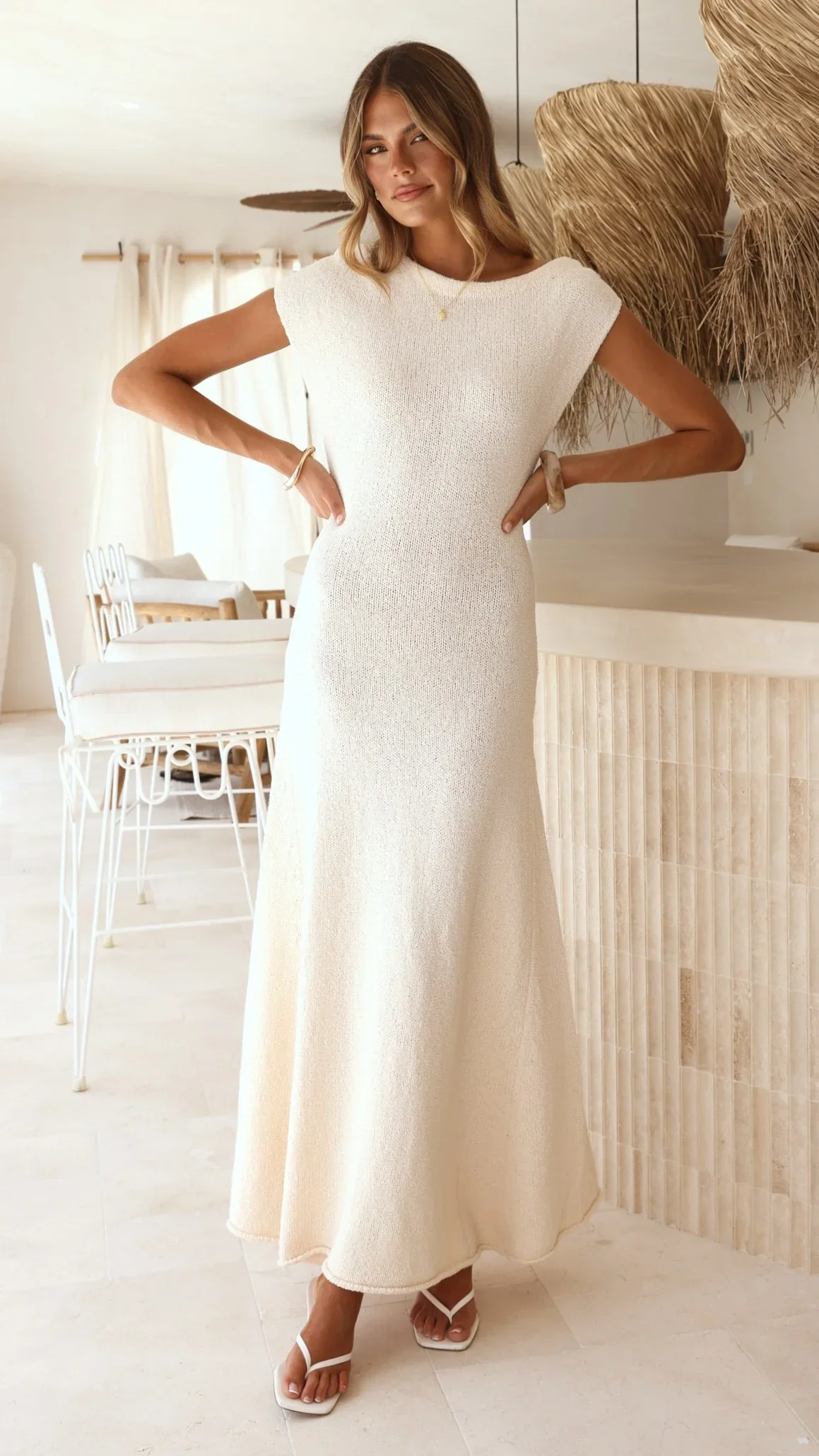 Tanaya Knit Off Shoulder Maxi Dress - Natural