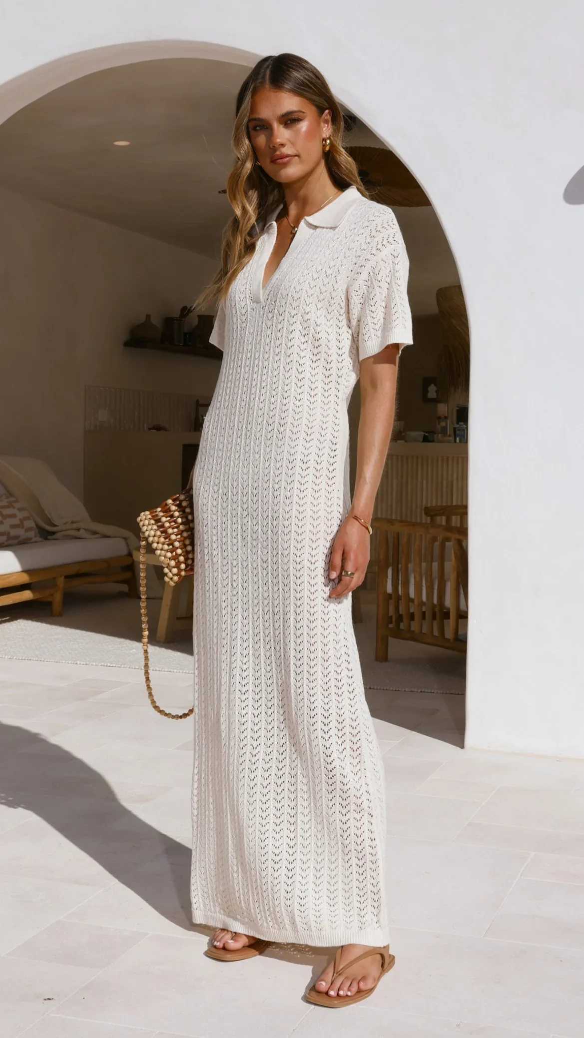 Tiffy Crochet Short Sleeve Maxi Dress - White
