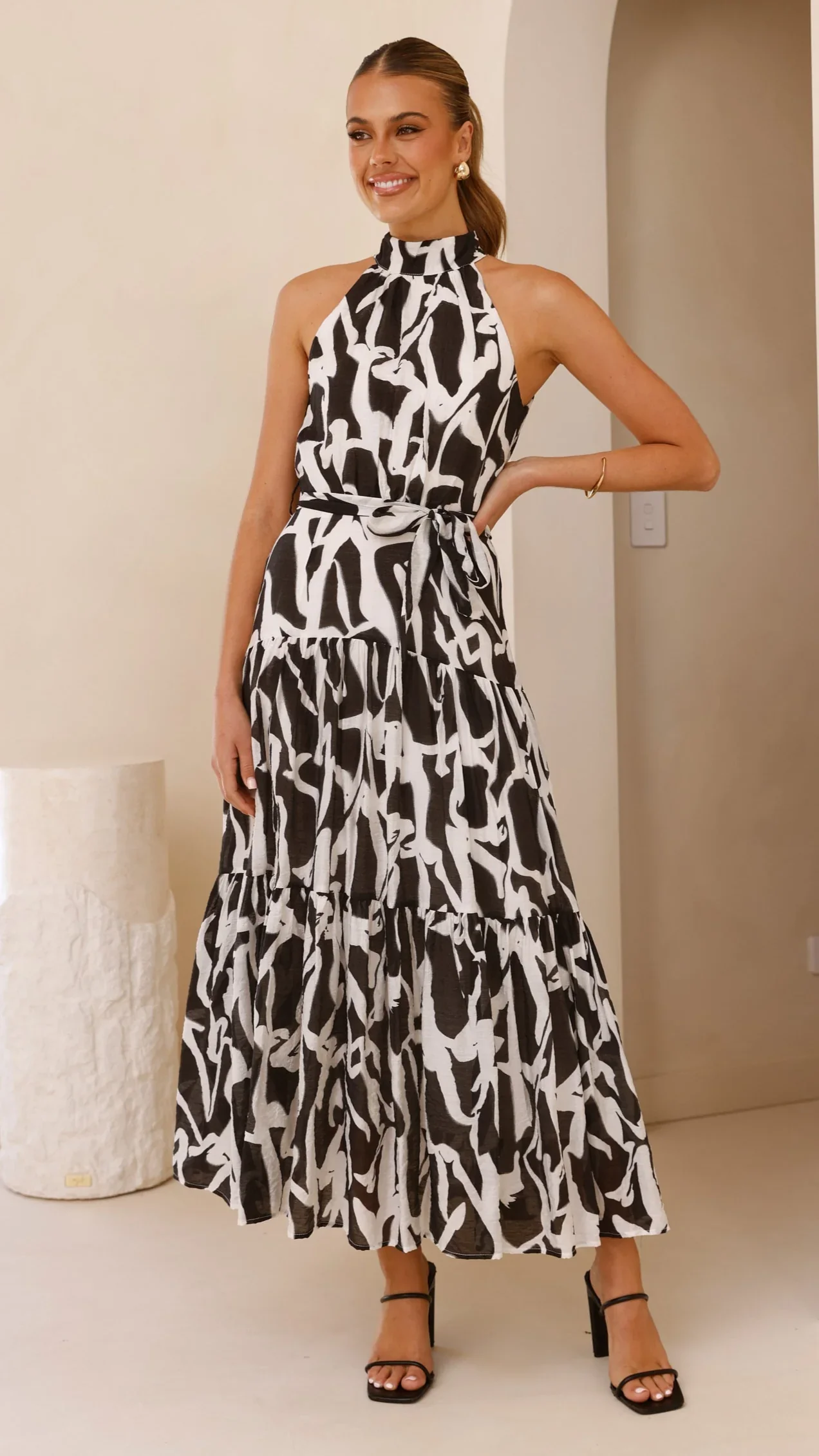 River Halter Midi Dress - Black/White
