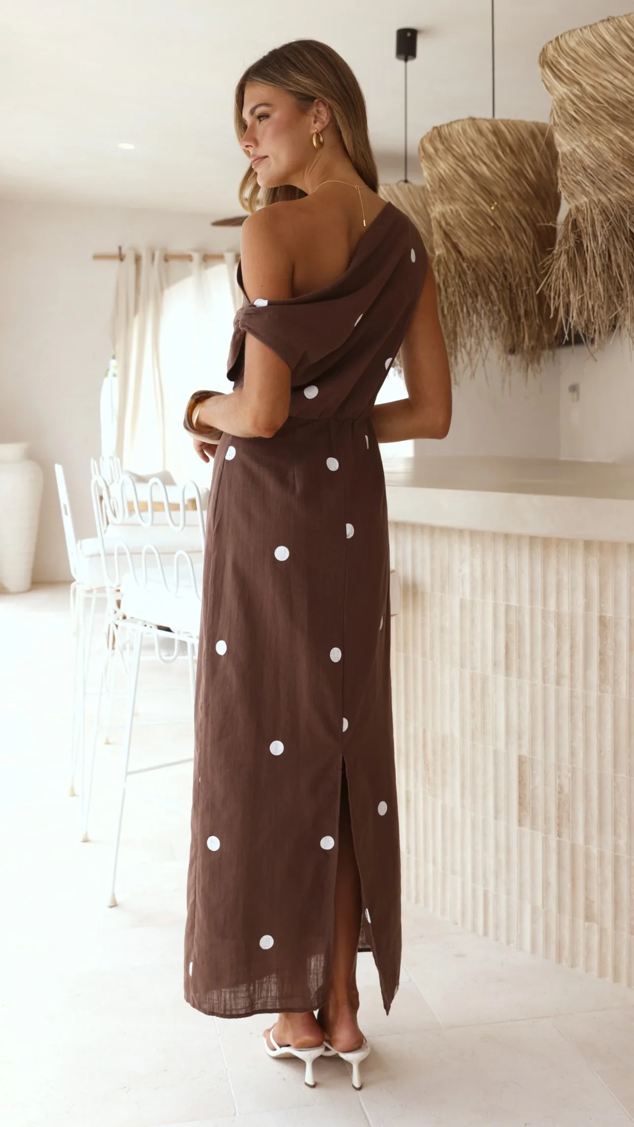Aurra Off Shoulder Maxi Dress - Brown/White Polka