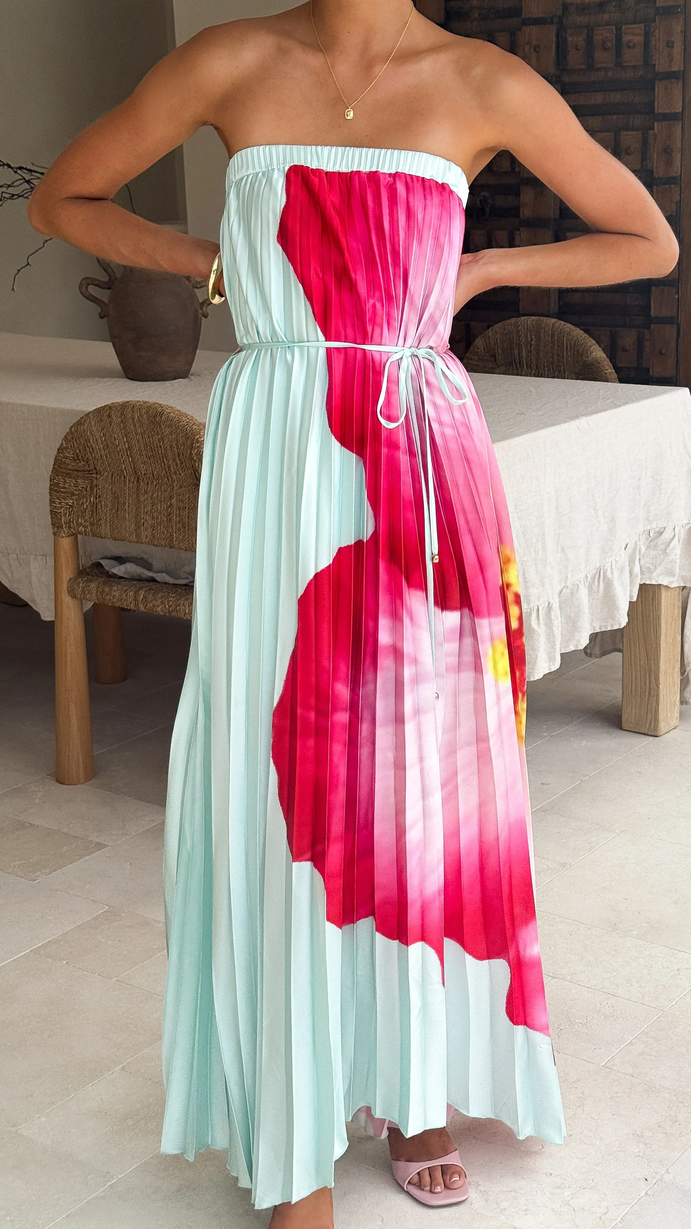 Neve Strapless Maxi Dress - Blue/Pink Floral