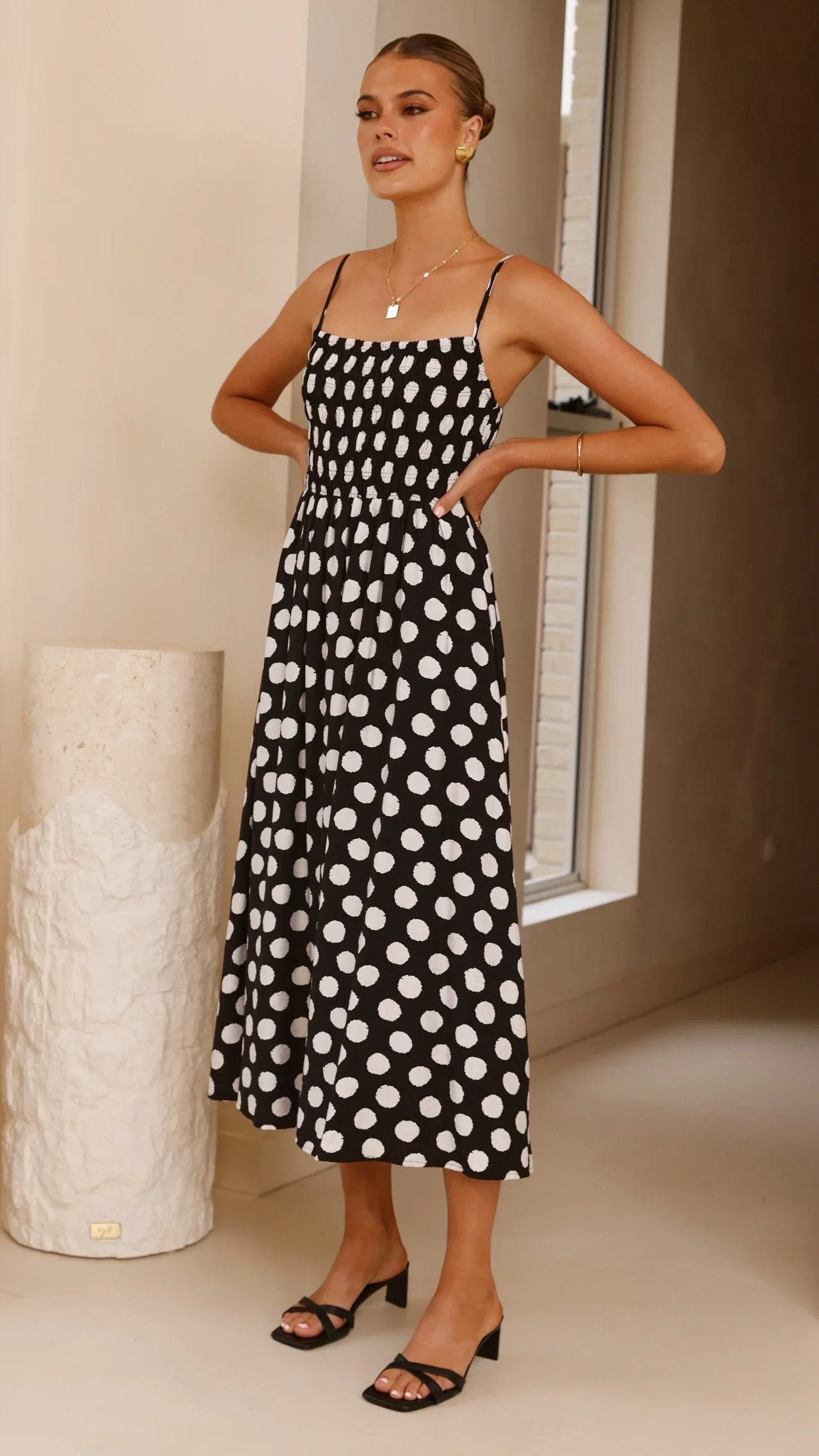 Roma Midi Dress - Black/ White Polka Dot